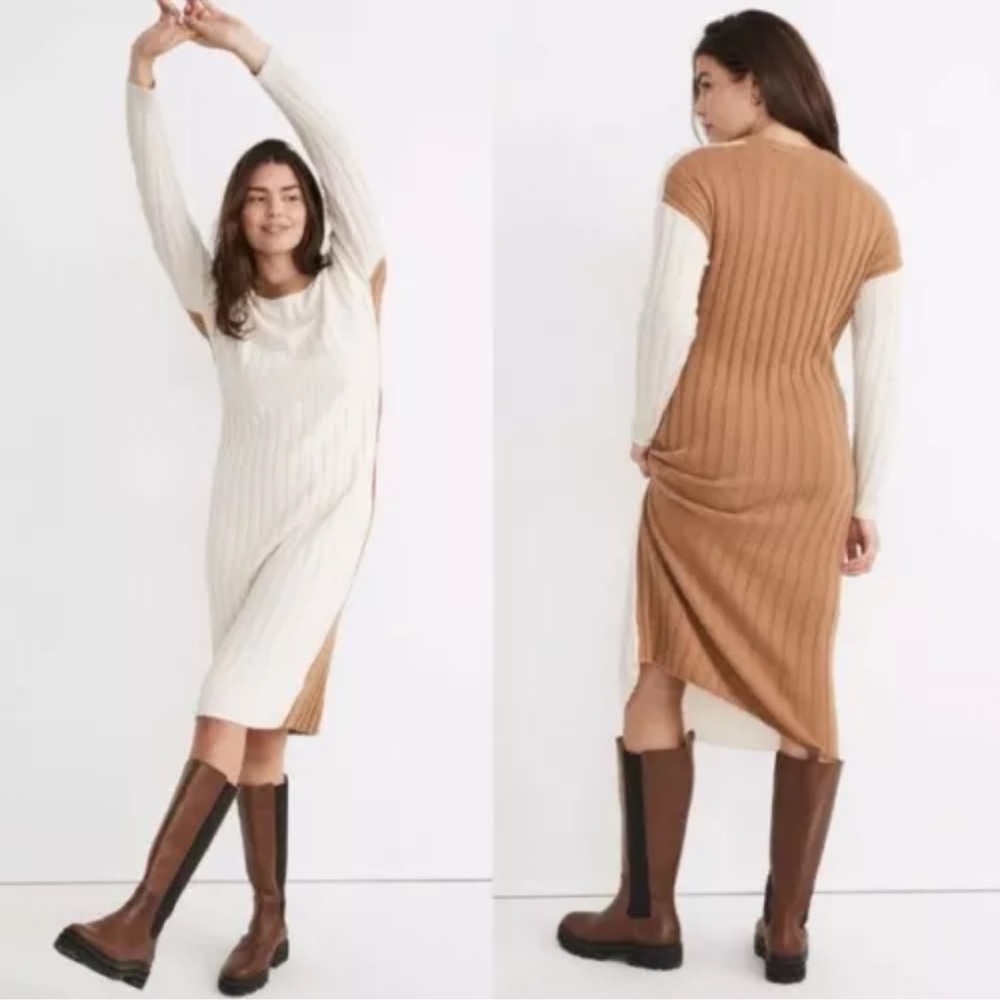 Madewell Ribbed Midi Antique Cream Two-Tone Knit Long Sleeve Sweater Dress Sz M